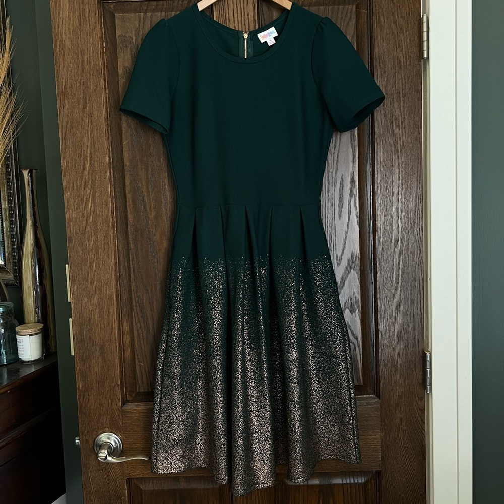 Lularoe Amelia Dress - size Medium Green and Copper sparkle